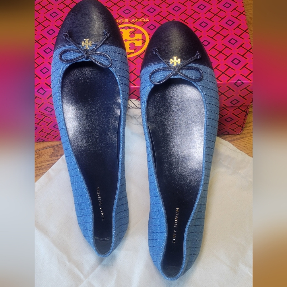 Tory Burch Quilted denim and Leather cap toe ballerina flats NIB Size 10